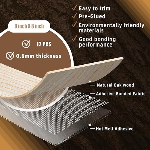 GSCIT Club 12 PCS Oak Wood Veneer, 8 inch x 8 inch Wood Edge Banding Pre-glued Flexible, Veneer Tape Banding for Cabinet Repair Furniture Restoration