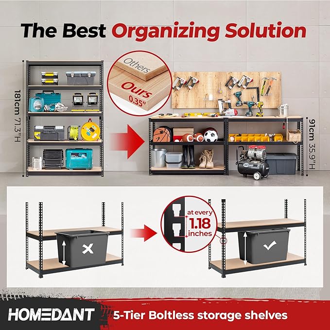 HOMEDANT 47.7" W 5 Tier Heavy Duty Garage Shelving Adjustable Metal Rack Storage Shelves Standing Shelf Unit Organizers Industrial Warehouse Basement Black 1Pack