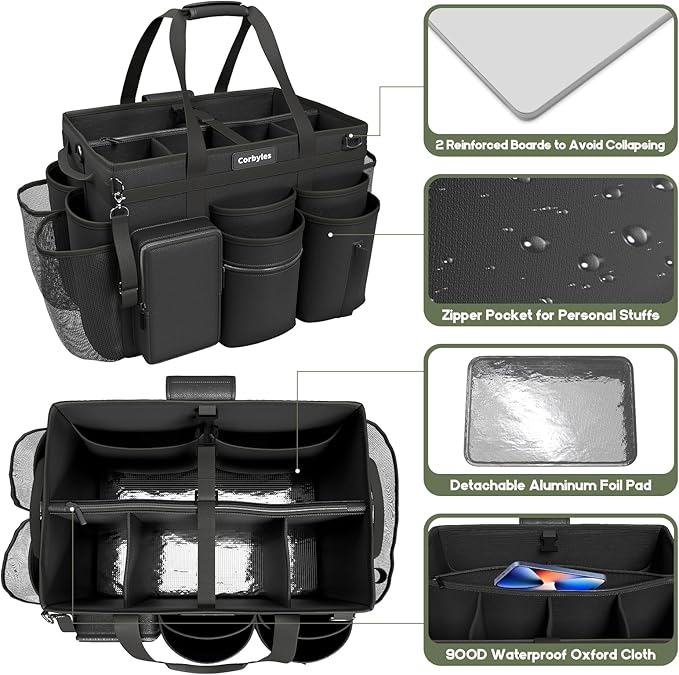 Rolling Cleaning Caddy Bag with Detachable Trolley, Cleaning Supplies Organizer Cart on Wheels, Cleaning Supply Caddy for Housekeepers, Large Professional Detailing Bag Tote for Home, Car (Black)