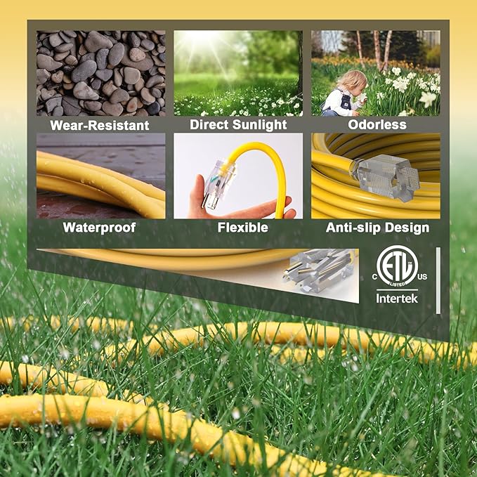 PLUGTUL 12 Gauge Extension Cord 100 Ft, Heavy Duty Outdoor Extension Cord Waterproof Lighted End SJTW, 3 Prong Grounded Plug for Safety, 15A 1875W, ETL Listed, Great for Garden and Home, Yellow