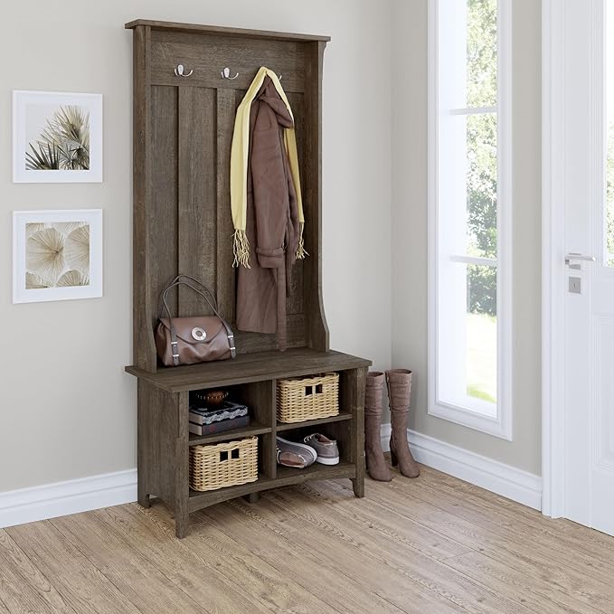 Bush Furniture Salinas Hall Tree with Shoe Storage Bench in Ash Brown, Multi-Purpose Home Organizer, Entryway Solution with Seating and Hooks
