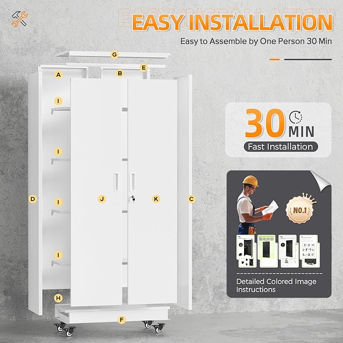 Superday Garage Storage Cabinet with Wheels，73" H Metal Storage Cabinet with Doors and Adjustable Shelves, Lockable Steel Utility Tool Cabinets for Garage, Home Office, Kitchen(White)