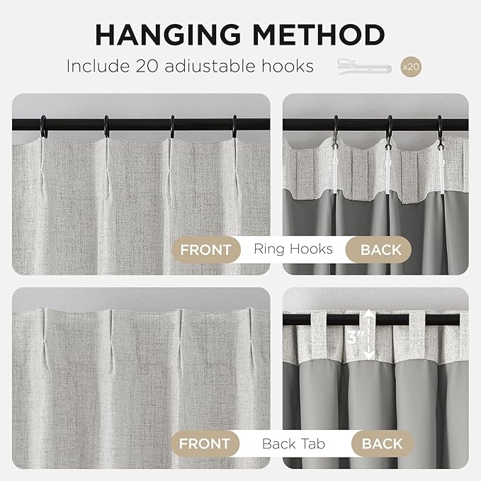 Joydeco Pinch Pleated Curtains - 100% Blackout for Bedroom, White Linen Curtains 40" W x 72" L, Thermal Insulated 2 Panels Light Blocking Drapes, Back Tabs for Living Room