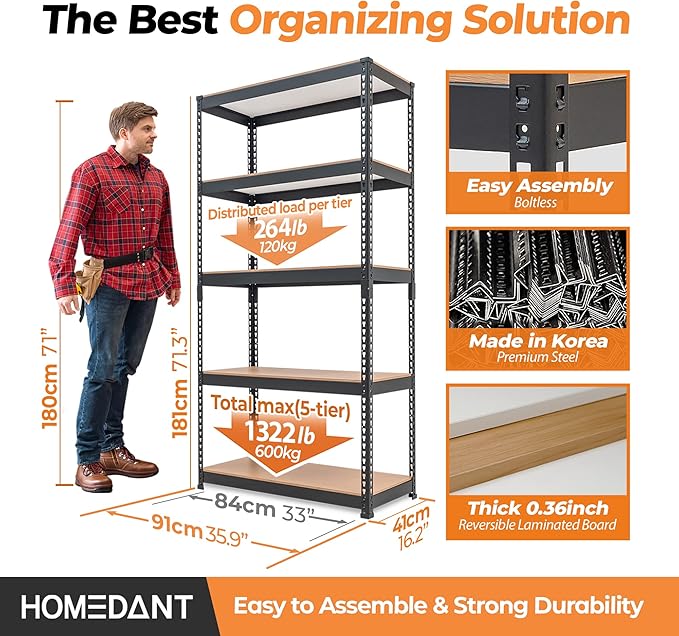 HOMEDANT 5 Tier Storage Shelves Adjustable Laminated Boltless Garage Metal Shelving Unit Heavy Duty Utility Rack Shelf Warehouse Pantry Closet Kitchen (4, (M) 35.9" W, Black)