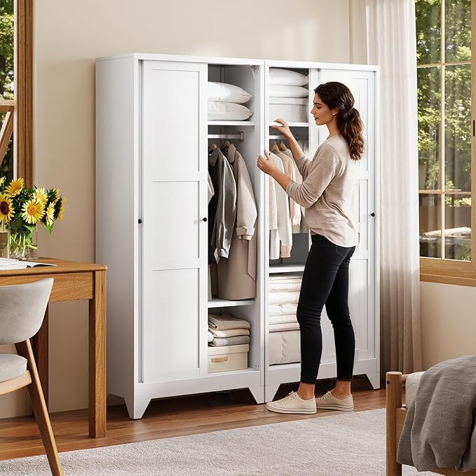 Letaya Metal Wardrobe Cabinets,68" Tall Armoire Wardrobe Closet with Sliding Barn Doors and Shelves,Large Coat Closet Cabinet with Hanging Rod,Clothing Storage Cabinets for Home Room,White (White)