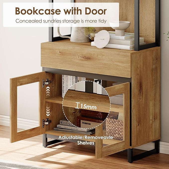 WAMPAT 4 PCS Modern 72" Tall Bookcase with 4 Drawers and Open Book Shelfs, Library Book Shelf with Storage Cabinet and Glass Doors, Wood Freestanding Bookshelves for Home Office, Living Room, Oak