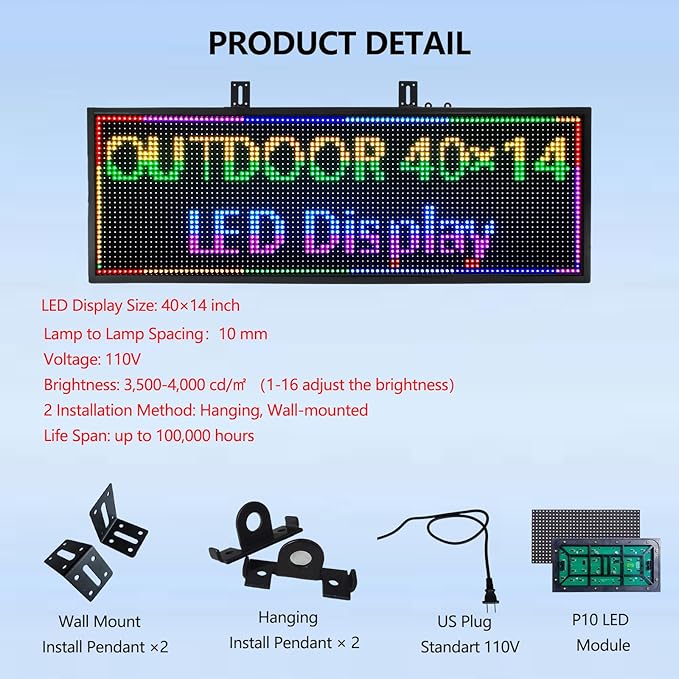 Custom Programmable LED Signs Outdoor for Business Store, WIFI Control Scrolling LED Sign Electronic Message Board Display Screen, Waterproof IP65 RGB Full Color P10 40’’x 14’’