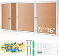 Enclosed Bulletin Board 72" x 36" Weather Resistant Lockable 3 Door Weatherproof Wall Mounted Enclosed Cork Board Aluminum Frame Display Case for Office, School, Commercial, 18xA4(Wood Color)