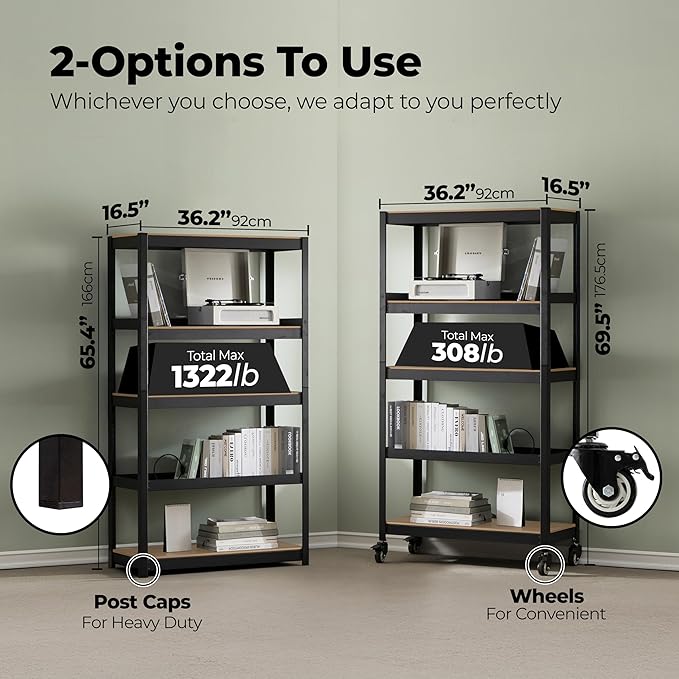 HOMEDANT House 36.2" 5-Tier Metal Rolling Cart Shelf Rack Casters Heavy Duty Laminated Wheel Shelving Unit Adjustable Utility Storage Shelves Shelf Kitchen Garage Black 1Pack