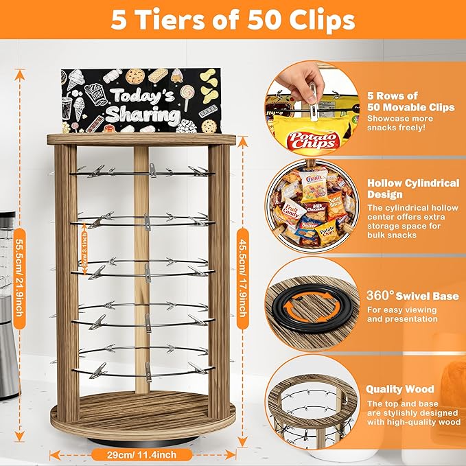 5 Tier 50 Clips 360°Rotating Snack Organizer, Wooden Chip Rack Display Stand - Chip Bag Holder Candy Display with Message Board for Countertop Home Office Party Retail Concession Stand