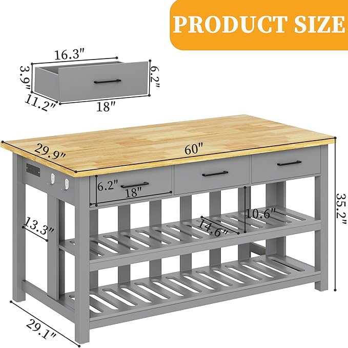 60" Solid Rubberwood Kitchen Island with Power Outlets - Extra Large Work Surface, 3 Drawers & 2 Open Shelves Storage Cabinet for Kitchen Dining Room, Farmhouse Style (Grey)