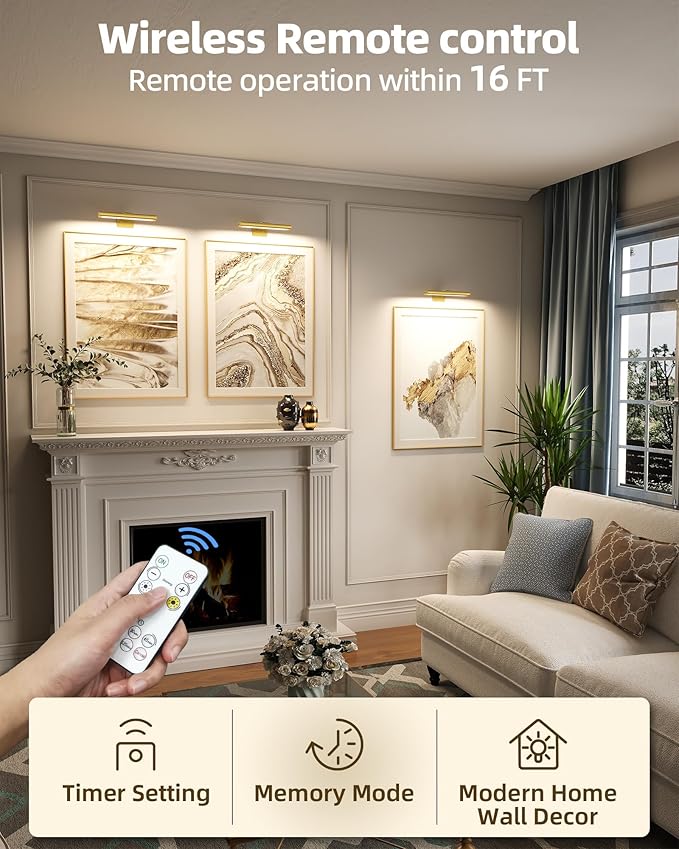 EZVALO Picture Light for Wall, Rechargeable 2400mAh Battery Lights Wireless Remote, 3 Color & Dimmable Magnetic 8'' LED Lights Display for Painting, Living Room, Gallery, Bedroom, Dashboard(Gold-2P)