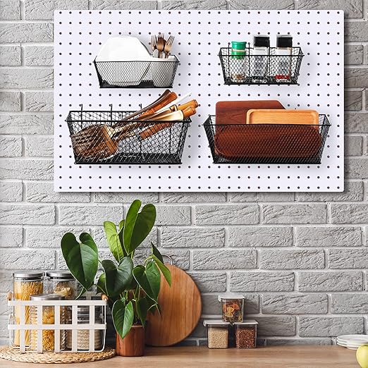 Sieral 4 Pcs Black Pegboard Baskets Metal Wire Shelf Baskets Peg Board Organizer Accessories Wall Mount Organizer Attachments for Garage Workbench Various Tool Accessories, 2 Sizes
