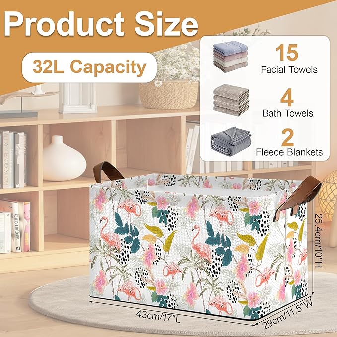 Storage Bin with Handles, Forest Pink Flamingo Collapsible Laundry Baskets for Books, Laundry - Use in Nursery, Closet Organizers and Storage, Blanket Basket