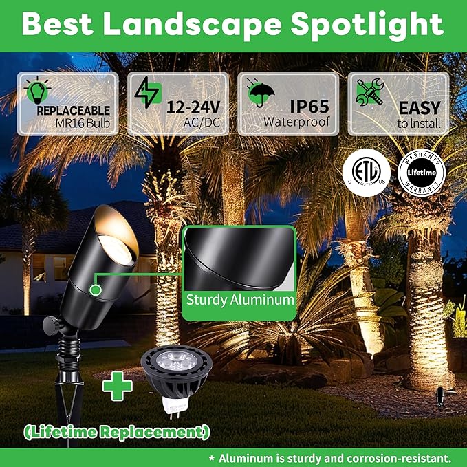 LED Outdoor Spotlights, Black Low Voltage Waterproof Spot Light, Aluminum Landscape Lights for Porch, Backyard, Uplighting with 5W MR16 Bulb 2700K 6 Pack