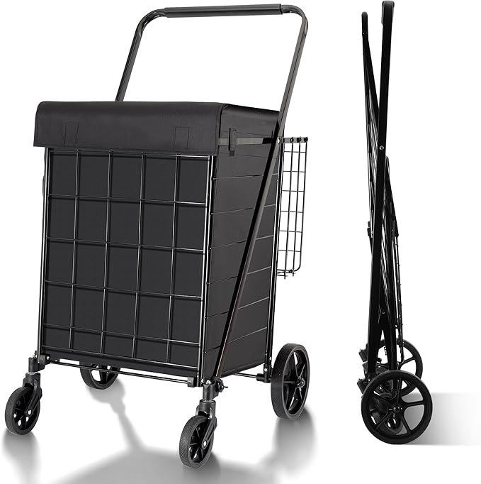 Folding Shopping Cart with Waterproof Liner, Grocery Cart Large Bag with Top Cover, 340 Lb Capacity, Utility Cart with 360° Rolling Swivel Wheels, Large & Extra Basket