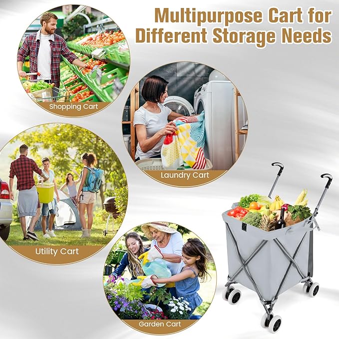 GOFLAME Folding Shopping Cart on Wheels, Waterproof Grocery Cart with Removable Cover and 360° Swiveling Wheels, Collapsible Utility Cart for Groceries and Laundry, 120LBS Load Capacity, Gray