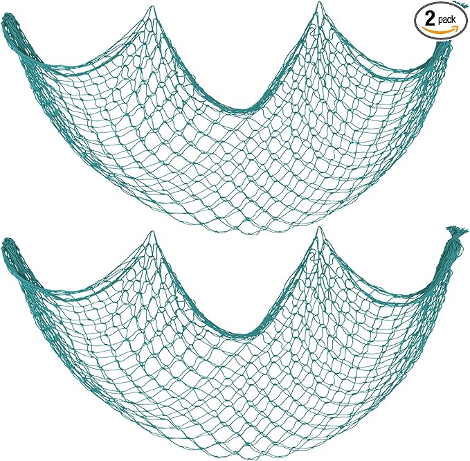 Decorative Fishing Net 2 Pack, 5x10 ft Large Aqua Fish Net Decor for Wall, Photo Display, Nautical Mermaid Pirate Ocean Themed Beach Hawaii Under The Sea Party Decorations