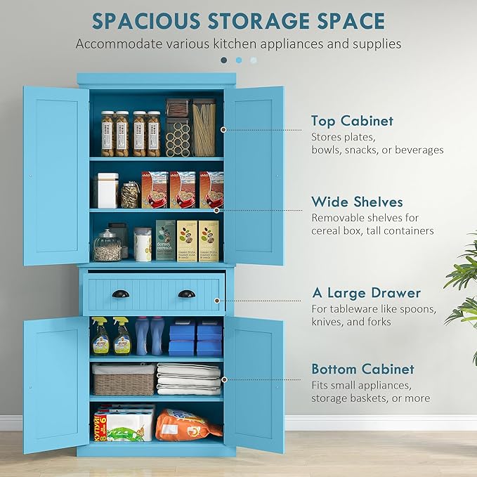 HOMCOM 72" Traditional Kitchen Pantry Cabinet, Freestanding Tall Storage Cabinet with 4 Doors, Drawer and 3 Adjustable Shelves for Dining Room, Dark Blue