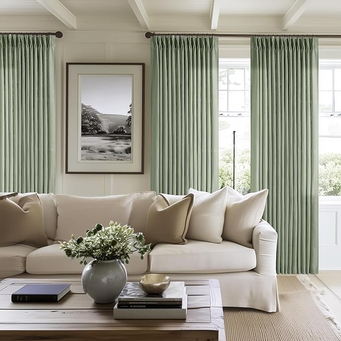 Green Linen Curtains 108 Inches Long 2 Panels Set for Living Room Farmhouse Boho Linen Textured Pinch Pleated Memory Shape Light Filtering Ceiling Semi Sheer Window Curtain Hook Rings Sage Green