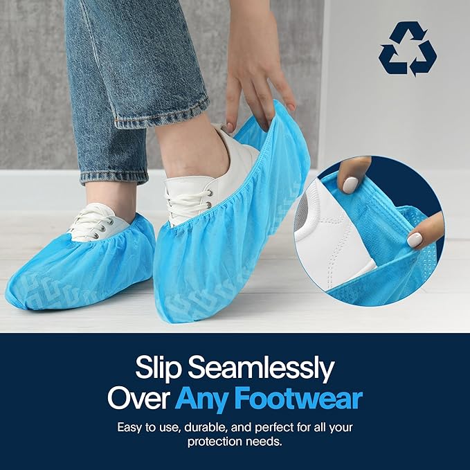 Premium Disposable Boot & Shoe Covers Booties | 100 Pack | Durable, Non-Slip, Non-Toxic, Water Resistant, Recyclable Protectors for Indoor & Outdoor | Large Size Fits Most Shoes