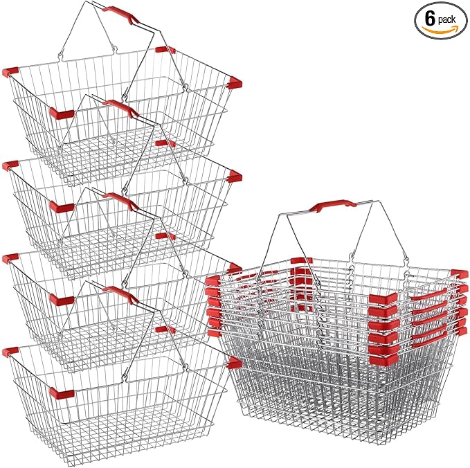 Metal Shopping Basket - 6 Pcs with Handles, Small Market Basket for Retail, Grocery, & Flea Markets