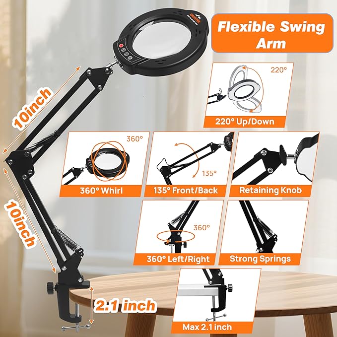 10X Magnifying Glass with Light and Clamp, 5 Color Stepless Dimmable Modes 84 LEDs Magnifier with Light Hands Free for Reading Sewing Crafts Repair and Close Work (10X Clamp)