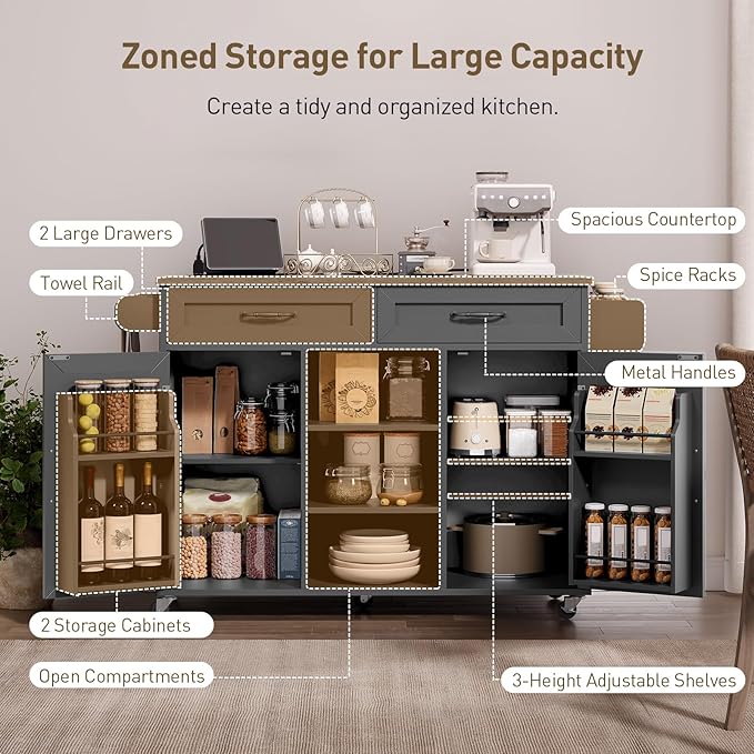 Kitchen Island with Power Outlets & Drop Leaf, Kitchen Cart with Storage, Drawer and Spice Rack, Tower Rack, Island Table, Black and Rustic Brown