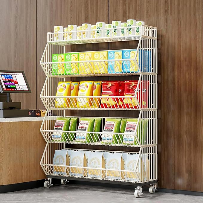 Commercial Supermarket Display Cart - 5-Tier Industrial Slanted Rolling Shelves Metal Storage Rack for Retail Store, Warehouse & Home Use, 66LBs/Tier Tool-Free Setup