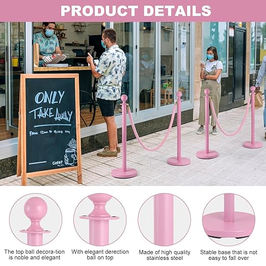 4 Pack Pink Stanchion Post, 5 ft Red Velvet Rope Pink Carpet Ropes and Poles, Stainless Steel Stanchions for Grand Opening Casino Theme Party Decorations Crowd Control Barriers