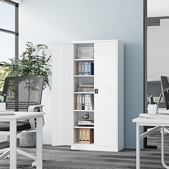 Metal Storage Cabinet-71” Tall Steel File Cabinets with Lockable Doors and Adjustable Shelves-White Steel Storage Cabinet for Home,Kitchen, School, Office, Garage