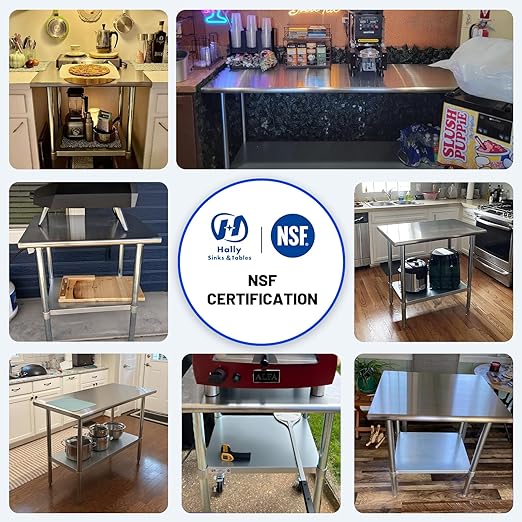 Hally Stainless Steel Table for Prep & Work 18 x 60 Inches, NSF Commercial Heavy Duty Table with Undershelf and Galvanized Legs for Restaurant, Home and Hotel