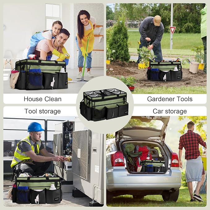 Large Cleaning Caddy Bag with Built-In Support Board, Cleaning Tote Organizer with Removable Divider, Supply Carryall with Adjustable Shoulder Strap and Waist Belt for Cleaners & Housekeeper