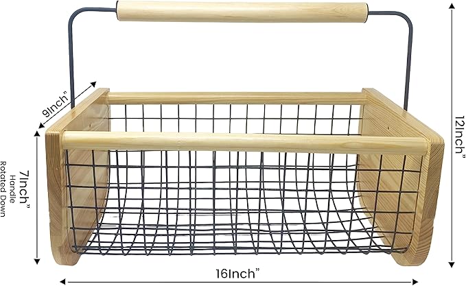 Personalzied Harvest Garden Basket, Handmade Solid Wood Construction with Rotatable Handle, Wire Mesh Design, 16x9x7 Inches, Multi-Purpose Vegetable and Fruit Harvesting Hod Custom Name