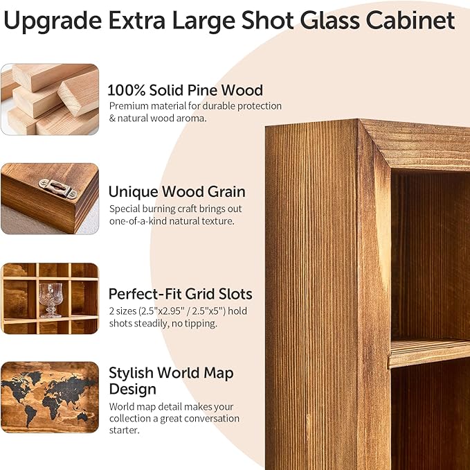 Large World Map Shot Glass Display Case 102 Slots 39.37 X 31.69''Rustic Brown Wood Holder for 2 Different Size Shot Glass in Living Rooms Bars Wine Cellars Used for Jewelry Stones & Shell