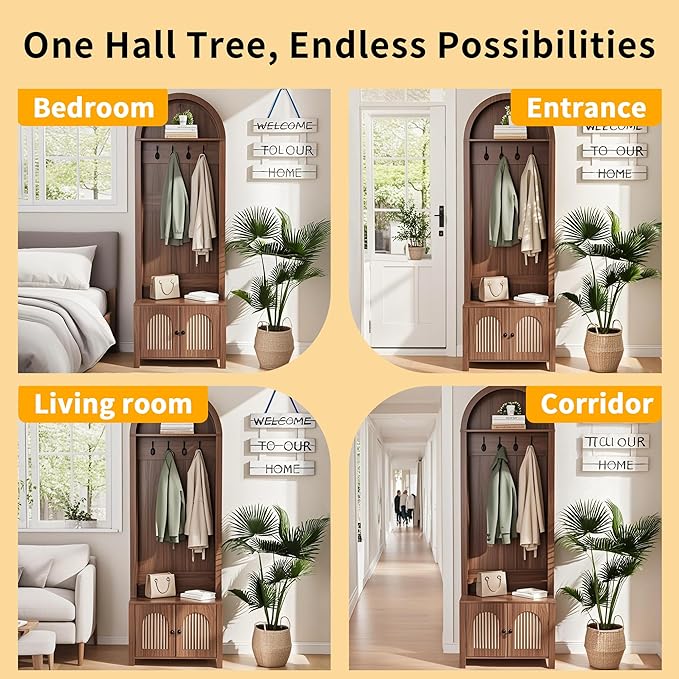 Hall Tree with Bench and Shoe Storage, Entryway Storage Bench with Coat Rack, 70.9"Arch Coat Rack with 4 Hooks and 2 Fluted Doors, Farmhouse Style Furniture Organizer for Hallway (Walnut, 23.7"W)