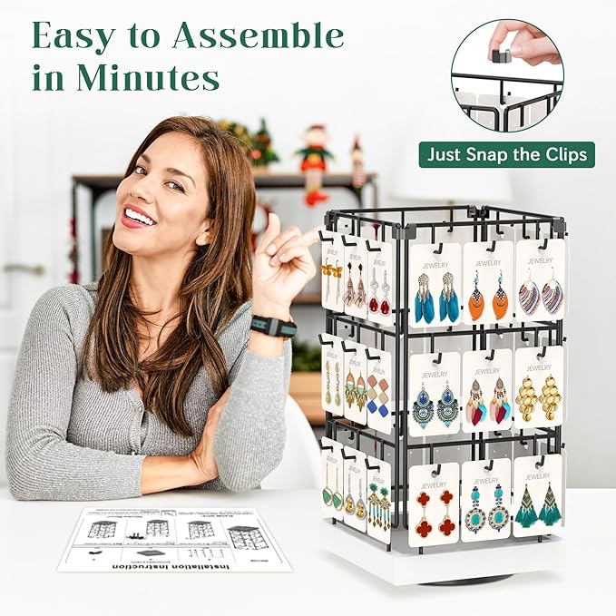 EsLuker.ly Rotating Earring Display Holder Stand for Vendors Events Selling, Large Capacity 36 Hooks Jewelry Rack with Wooden Base for Earring Card Sales, Enhances Retail Visibility