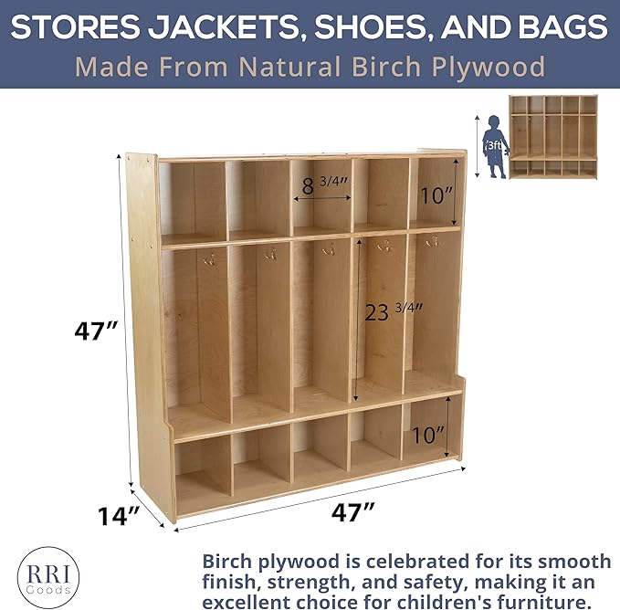 5-Section Coat Locker with Bench & Cubby Storage for Kids – Birch Plywood Perfect for Daycare, Preschool, and Kindergarten