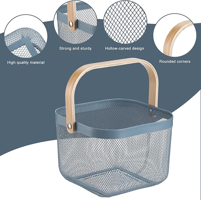Roshtia 6 Pcs Metal Mesh Steel Basket with Handle, Square Wire Harvest Thanksgiving, Shopping Baskets for Retail Store Christmas Garden Bathroom Kitchen(9.65 x 9.65 x 7.09 Inch,Blue)