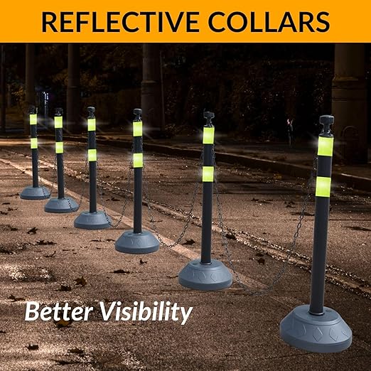 6 Pack 40 Inch Traffic Delineator Posts with Fillable Base and 6.6FT Plastic Chain, Safety Delineator Post Cones with 2 Green Reflective Stripes for Construction Work (Black)
