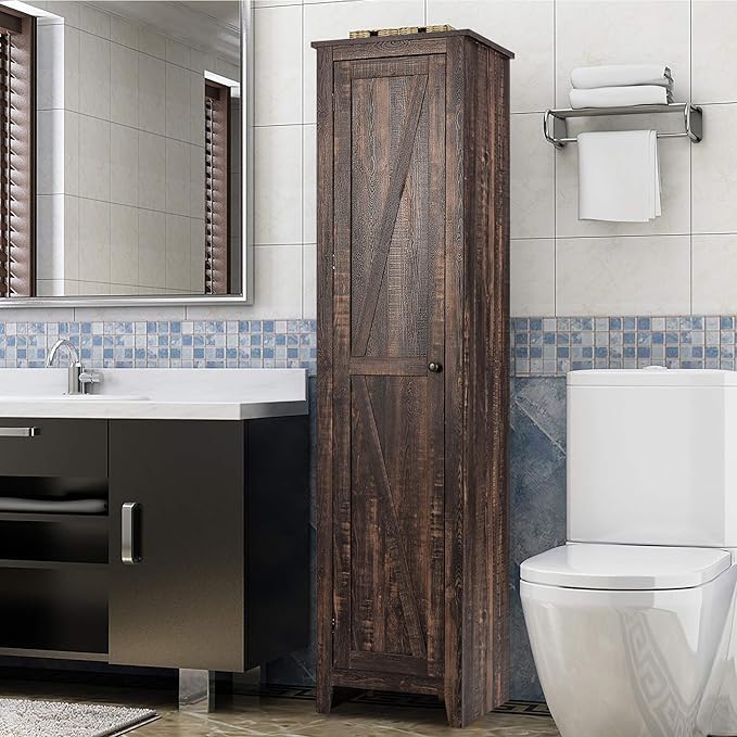 Giantex Tall Storage Cabinet Free Standing Floor Storage Tower with Four Shelves and Single Door, Narrow Cabinet for Bedroom, Living Room, Bathroom 17x16x72 Inch Utility Storage Cabinet (Coffee)