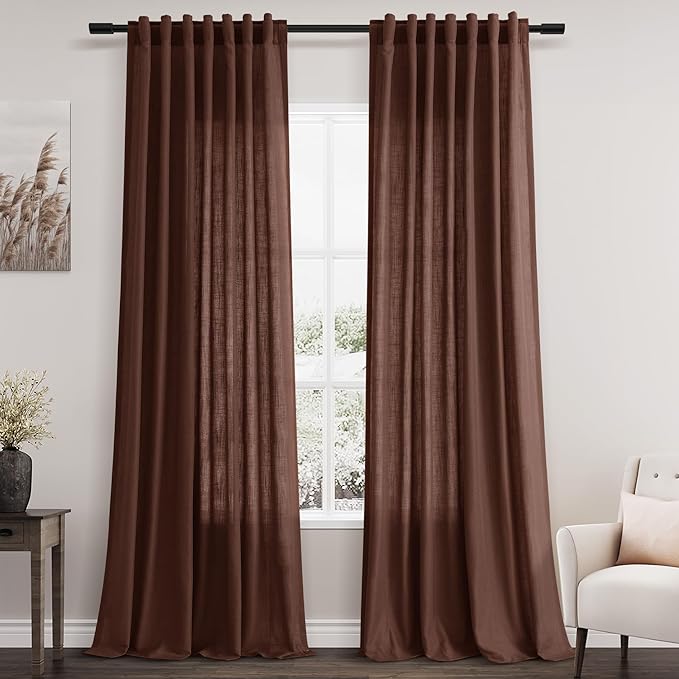 Rustic Brown Linen Curtains 90 Inch Long 2 Panels Set for Bedroom Living Room Linen Textured Window Drapes Semi Sheer Light Filtering Rod Pocket Back Tab Cotton Textured Farmhouse Curtain 52x90