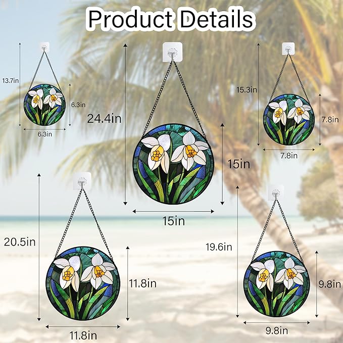 Stained Glass Window Hanging - White Snowdrops Birth Flowers Suncatcher for Doors Garden Patio Sun Catchers Decor Christmas Mother's Day Birthday Gifts for Women Men Mom Nana Friend 7.8 in