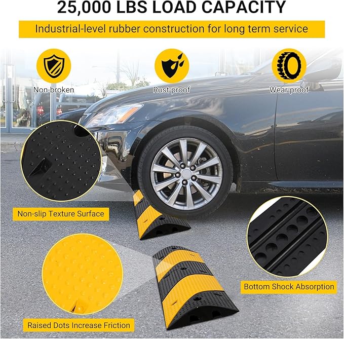 3.3 FT Heavy Duty Rubber Speed Bump 2-Pack, Driveway Cable Protector Ramp with Installation Bolts for Parking Lots, Garage & Gravel Roads
