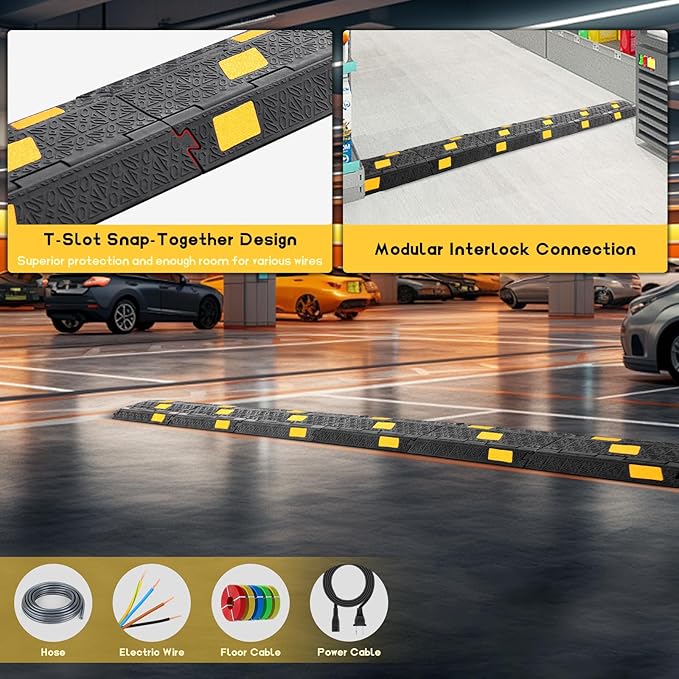 Cable Protector Ramp 6 Packs - 2 Channels Driveway Hose Protector with 6000 LBS Capacity Rubber Modular Cable Ramp for Garden Hose Wire Cord, Drive Over Cover Protector