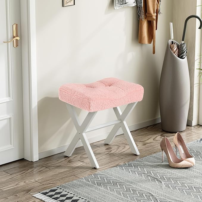 18-Inch Vanity Stool Chair, Vanity Bench with Metal X-Legs, Ottoman Accent Stool with Breathable and Soft Boucle Fabric Saddle Seat, Pink