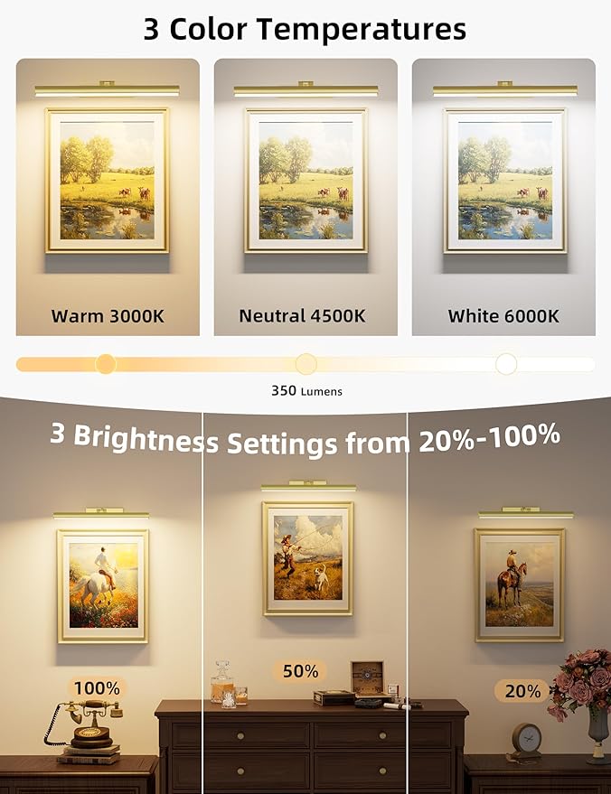 VOLISUN 16 inch Picture Lights for Wall, Rechargable Picture Light Battery Operated, 3 Color Temperatures Cordless Picture Light with Remote, Art Light for Paintings, Gallery, Portrait, 1 Pack (Gold)