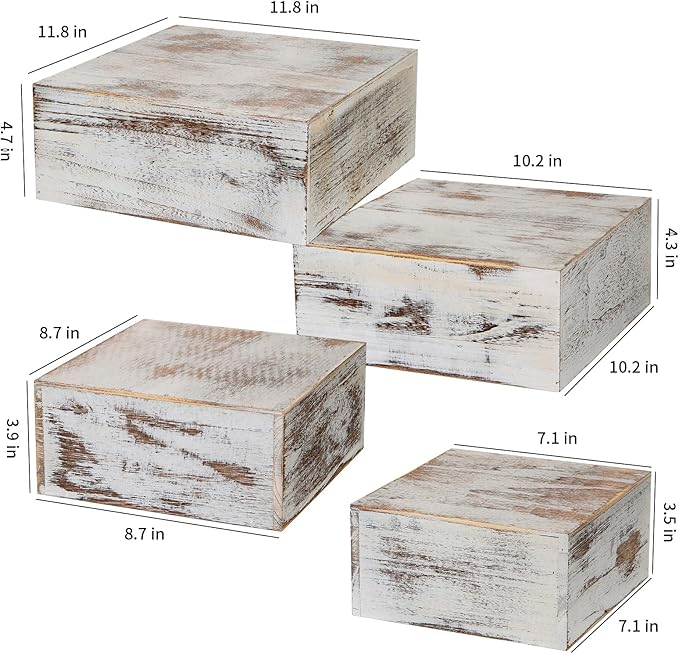 Vintage Brown Square Wooden Cake Stands For Display,Set Of 4 Wood Cupcake Stands Risers, 12 Inches Rustic Wood Crates For Wedding Cake Display,Square Wooden Display Risers For Home Decor . (Vintage White)