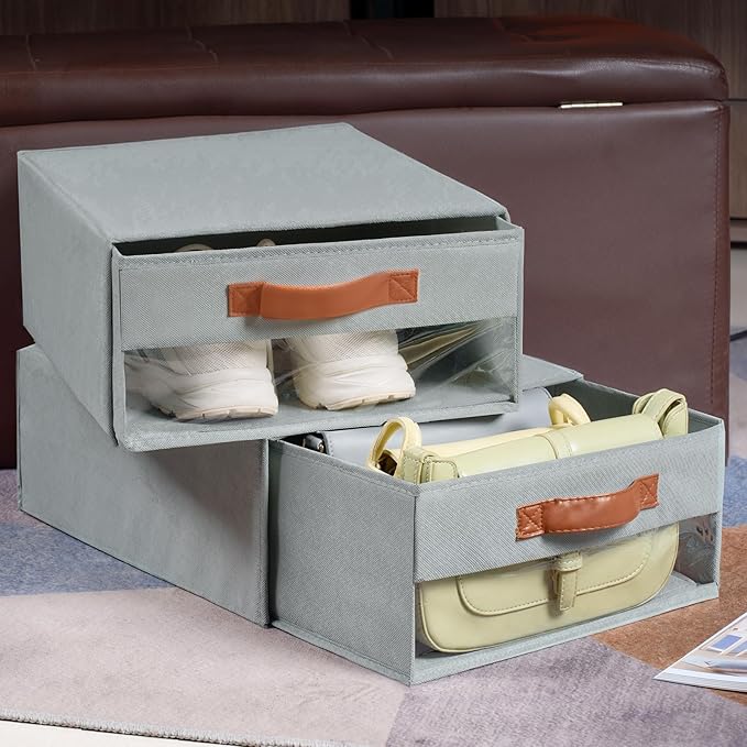 Closet Organizers and Storage Bins, Stackable Storage Drawers, Fabric Organizer Bins with Drawers,Stackable Closet Bins with Clear Window for Bedroom, Shelf,Room15.7"x 12.6"x 6.7"(Grey)
