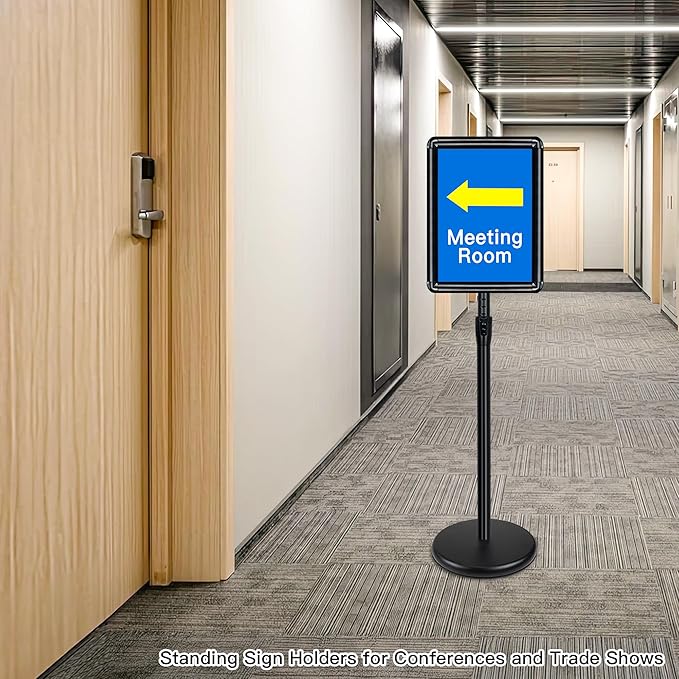 Sign Stand for Display - Adjustable 8.5x11 Inch Floor Standing Sign Holder, Pedestal Poster Stand for Vertical & Horizontal View, Indoor & Outdoor Use for Business, Mall, Restaurant - Black